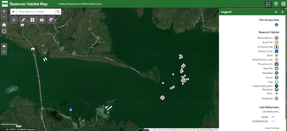 Interactive fish habitat map of the Monroe lake habitat area