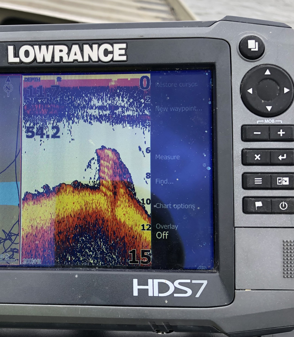 A pallet fish habitat structure pictured on down imaging sonar 